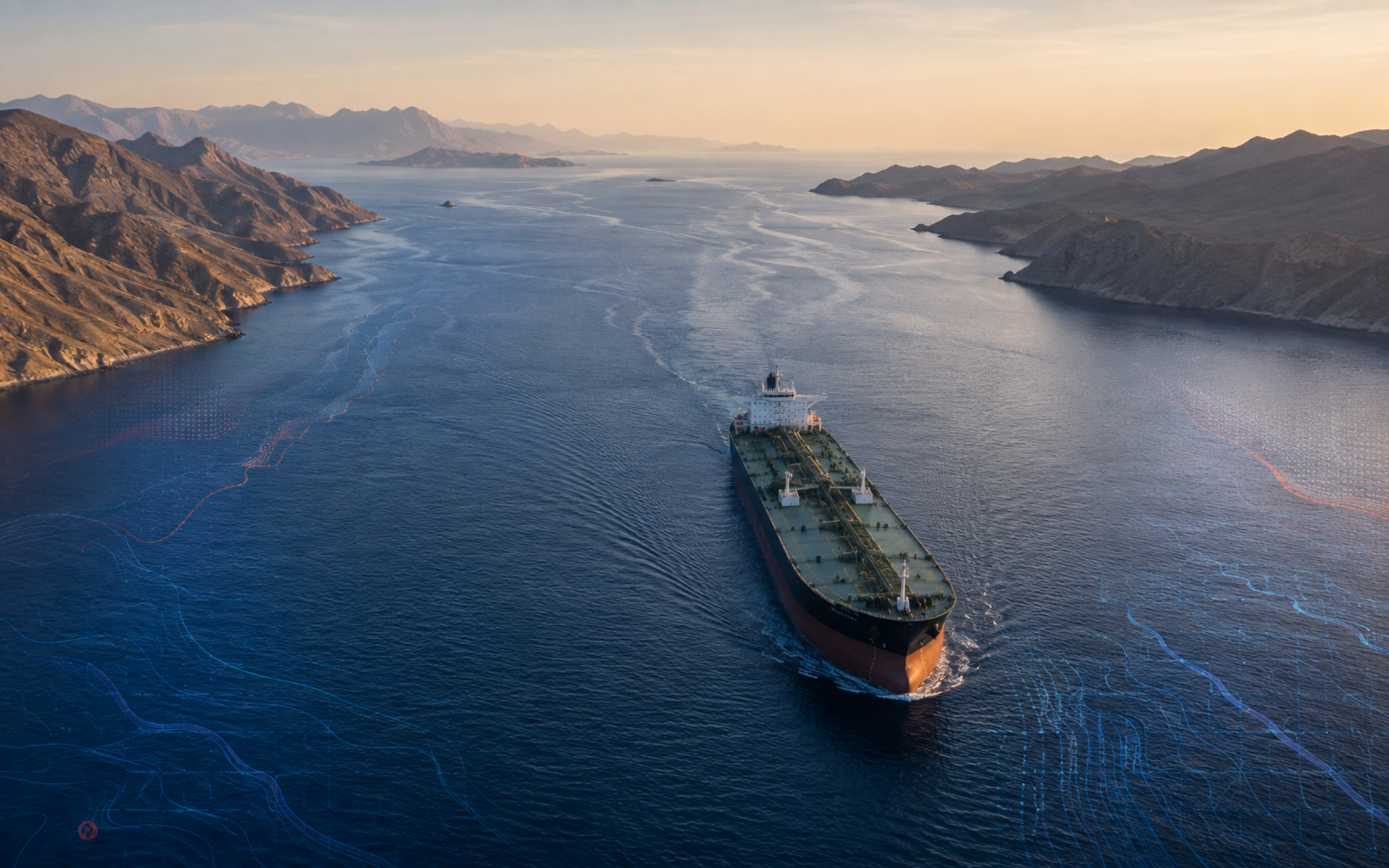 Oil tanker passing through the Strait of Hormuz in a FinRateX editorial image about energy-market tensions